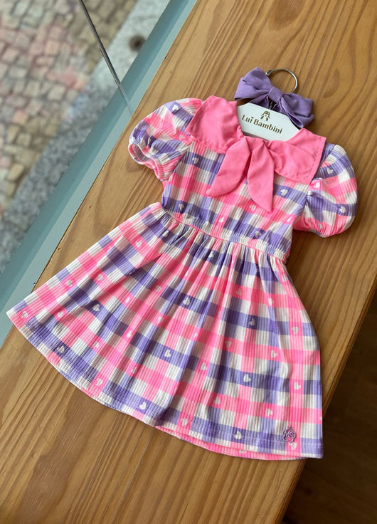 VESTIDO MANGA CURTA QUADRICULADO COM CORACOES E LACO MENINA MON SUCRE PRO45