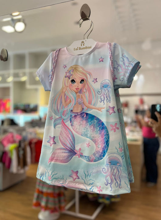 VESTIDO MANGA CURTA COM BOLSA CAUDA SEREIA STRASS MENINA CINTI 2PRO50