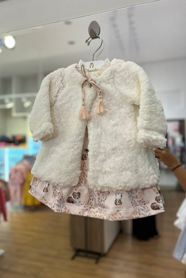 CONJUNTO CASACO PELUCIADO MANGA LONGA E VESTIDO FLORAL CACHORRINHOS MENINA KIKI XODO