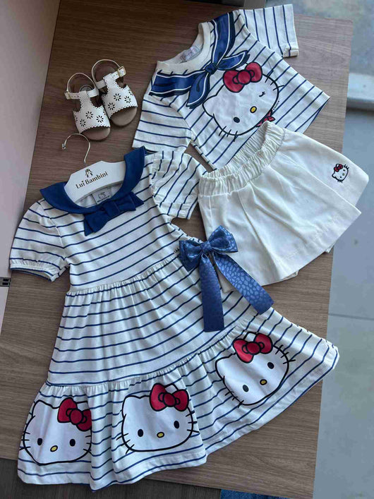 VESTIDO MANGA CURTA LISTRADO LAÇO HELLO KITTY CAMADAS MENINA MOMI
