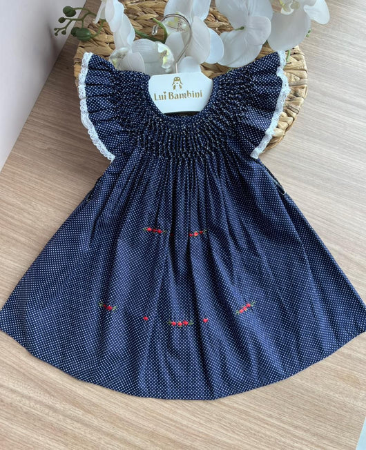 VESTIDO MANGA CURTA CASINHA DE ABELHA BABADO RENDA BOLINHAS MENINA LUI BAMBINI