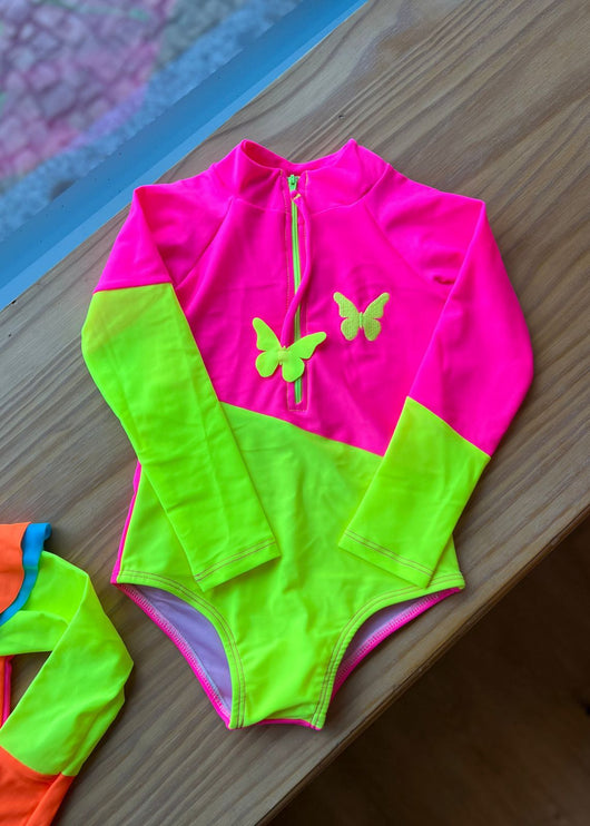 MAIÔ MANGA LONGA COM ZÍPER BORBOLETA BORDADA PROTEÇÃO SOLAR UV50+ MENINA LUI BAMBINI