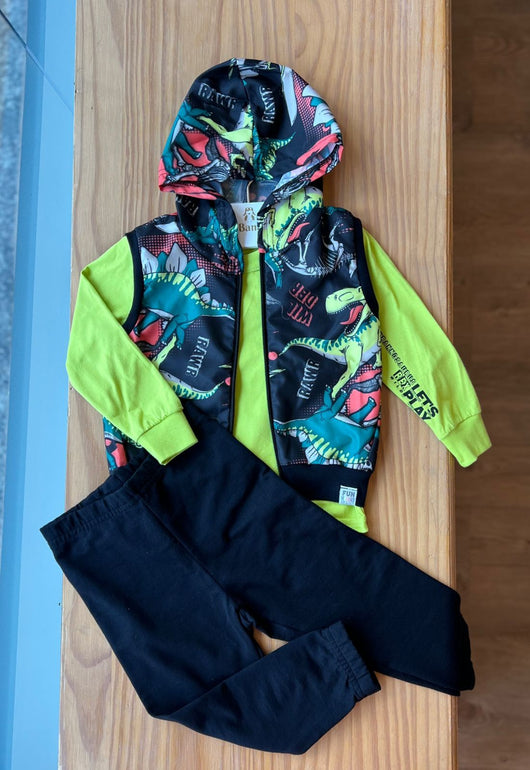 CONJUNTO CAMISA MANGA LONGA COM CASACO CAPUZ REGATA E CALÇA DINOSSAUROS MENINO ELIAN 20PRO50
