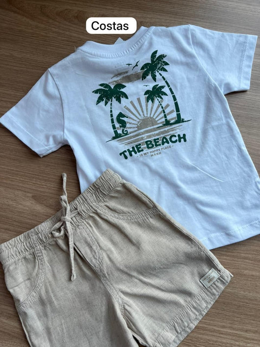 CONJUNTO CAMISETA MANGA CURTA BÁSICA CAVALO MARINHO MINIMALISTA E BERMUDA MENINO ONDA MARINHA