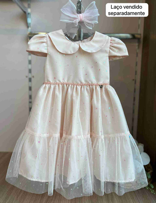 VESTIDO MANGA CURTA TULE ESTRELA LUA PEDRAS MENINA CATTAI