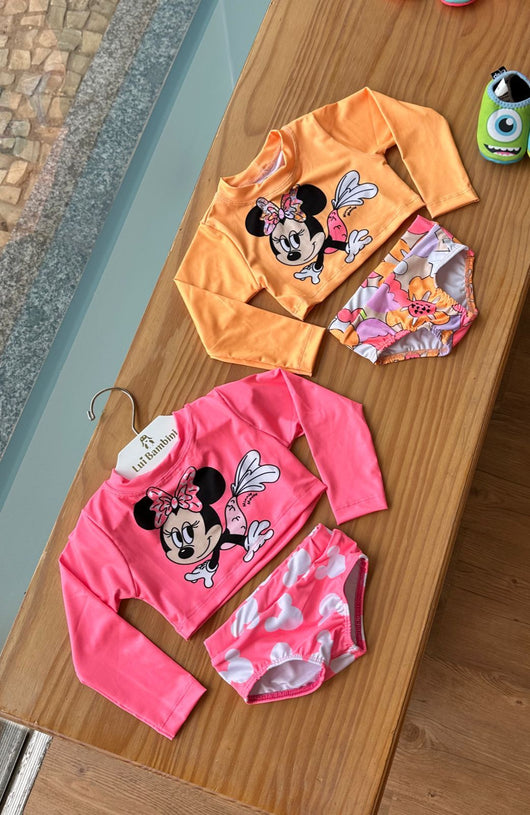 CONJUNTO BLUSA MANGA LONGA E CALCINHA MINNIE SEREIA UV50+ MENINA FAKINI