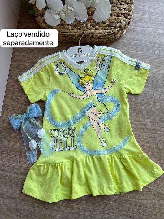 VESTIDO MANGA CURTA FADA SINO TINKER BELL BABADO MENINA ANIMÊ