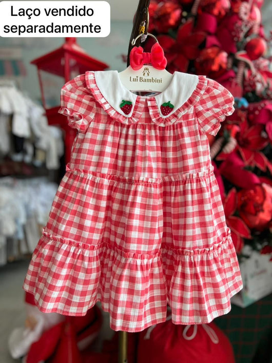 VESTIDO MANGA CURTA BUFANTE XADREZ GOLA MORANGO BORDADO MENINA BÁRBARA KIDS