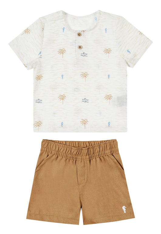 CONJUNTO CAMISA BATA MANGA CURTA LINHO E BERMUDA ONDAS E COQUEIROS MENINO ONDA MARINHA PRO40