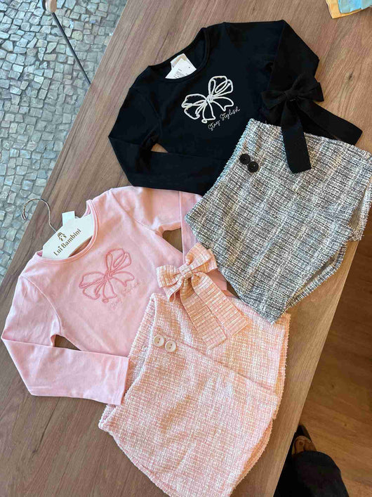 CONJUNTO MANGA LONGA LAÇO TWEED E SHORT SAIA MENINA PULLA BULLA