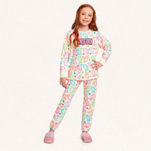 CONJUNTO PIJAMA BLUSÃO MANGA LONGA UNICÓRNIO E CALÇA MENINA FAKINI