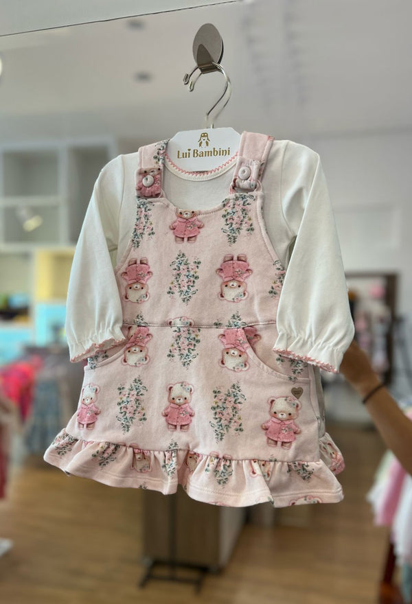CONJUNTO BODY MANGA LONGA RENDADO COM SALOPETE URSINHAS E FLORES MENINA ANJOS BABY