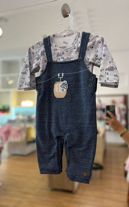 CONJUNTO BODY MANGA LONGA E JARDINEIRA URSO NEVE MENINO ANJOS BABY PRO45
