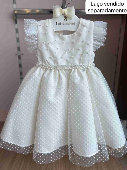 VESTIDO MANGA CURTA POÁ PEROLAS TULE MENINA CATTAI
