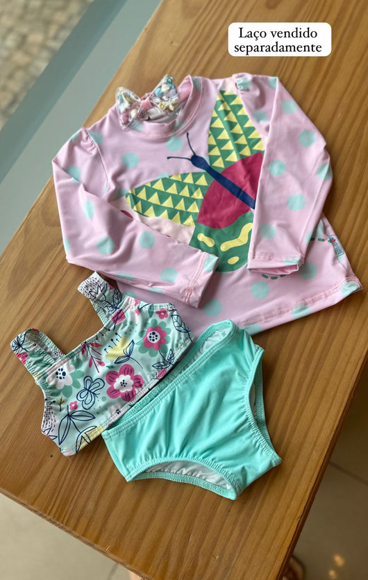 CONJUNTO BLUSA MANGA LONGA E BIQUINI BORBOLETA FLORES PROTEÇÃO UV50+ MENINA TIP TOP