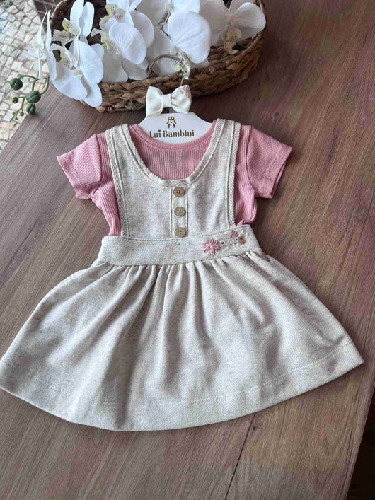 CONJUNTO SALOPETE ALÇA BOTÕES E BLUSA MANGA CURTA MENINA KIKI