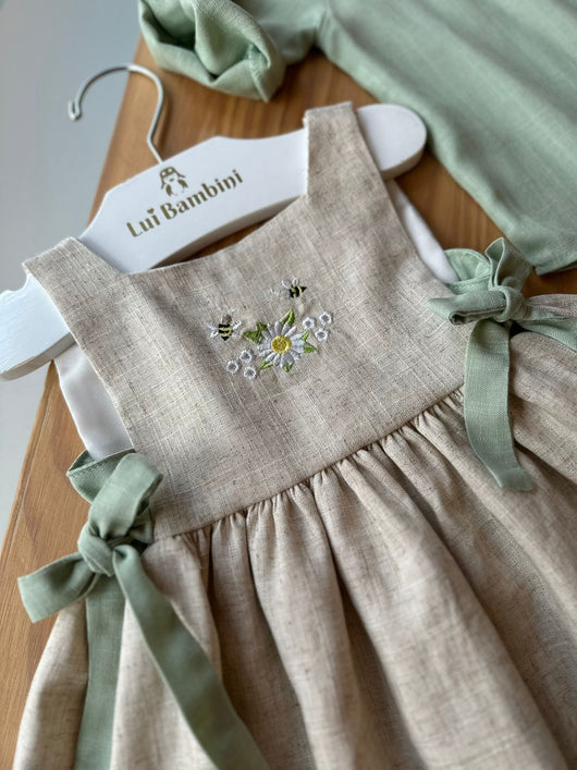 VESTIDO REGATA LINHO COM AJUSTE LATERAL LAÇOS ABELHAS BORDADAS MENINA BARBARA KIDS