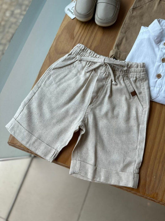 BERMUDA EM LINHO COM BOLSOS BARRA DOBRADA E CORDÃO MENINO ANJOS BABY