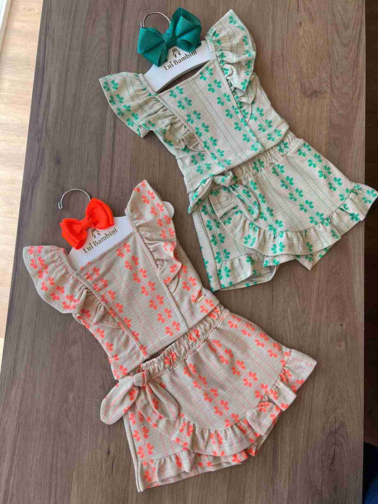 CONJUNTO BLUSA MANGA CURTA E SHORT SAIA LAÇO FLORAL MENINA FAKINI