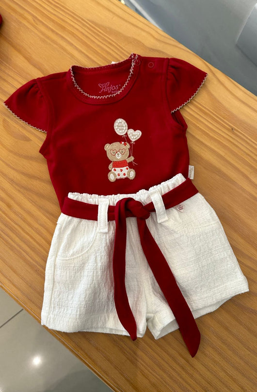 CONJUNTO BODY MANGA CURTA URSINHA PEROLAS COM SHORT SARJA CINTO MENINA ANJOS BABY PRO45