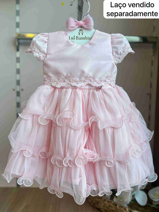 VESTIDO MANGA CURTA BORDADO PÉROLAS CAMADAS TULE LAÇO COSTA MENINA CATTAI