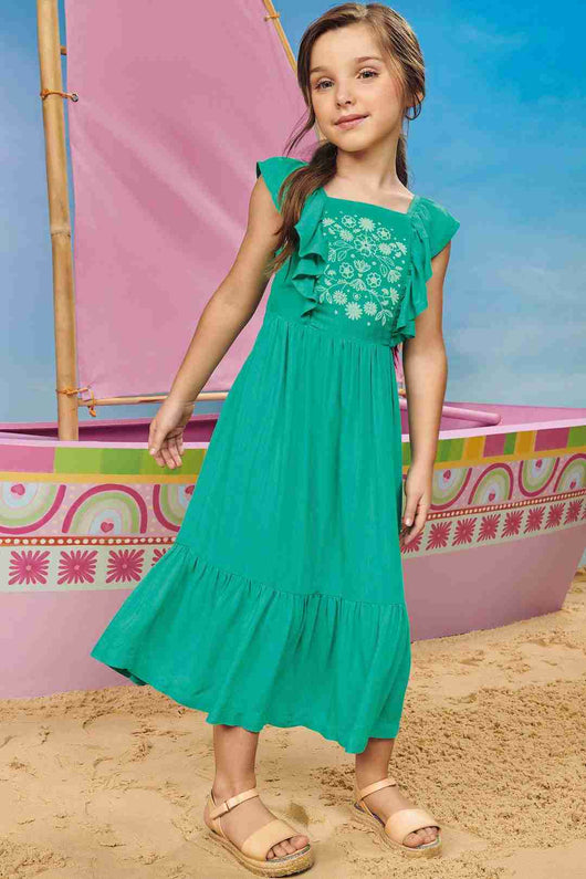 VESTIDO DE ALCA EM VISCOSE COM AMARRACAO E BABADOS FLORAL MENINA INFANTI PRO45