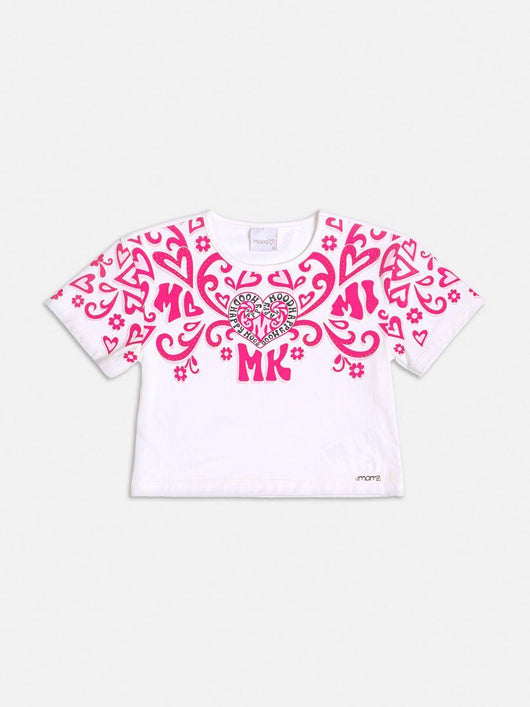 BLUSA MANGA CURTA CORAÇÕES E FLORES MK COM STRASS MENINA MOMI