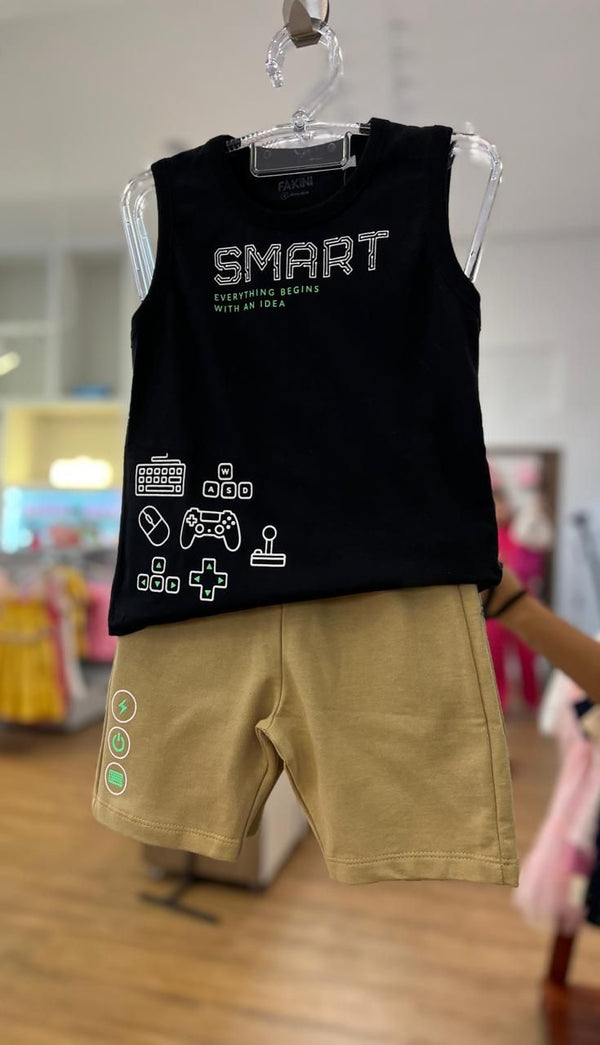 CONJUNTO CAMISETA REGATA COM BERMUDA MOLETINHO SMART GAME MENINO FAKINI