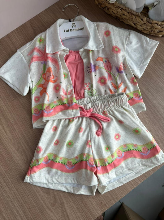 CONJUNTO BLUSA MANGA CURTA GOLA POLO ESTAMPA SELVA MACACO E PÁSSARO COM TOP E SHORT MENINA KUKIÊ