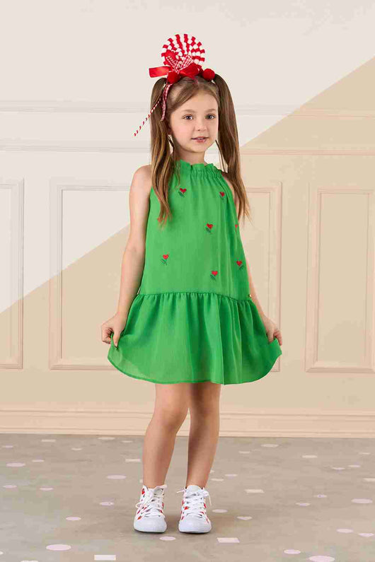 VESTIDO ALÇA AMARRAÇÃO BORDADO FLORAL MENINA MON SUCRÉ