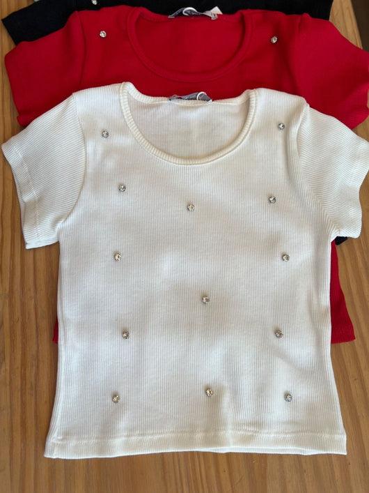 BLUSA MANGA CURTA CANELADA COM STRASS MENINA TRICK NICK