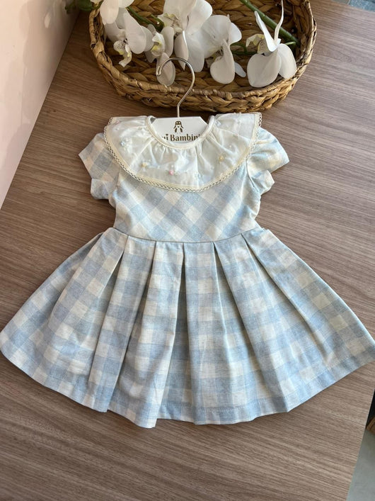 VESTIDO MANGA CURTA GOLA FLORAL BORDADA XADREZ MENINA LUI BAMBINI