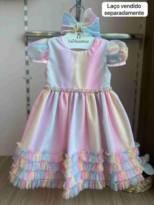 VESTIDO MANGA CURTA GLITTER PÉROLAS TULE COLORIDO MENINA CATTAI