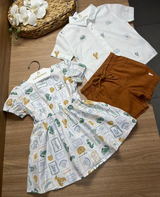 VESTIDO MANGA CURTA FUNDO DO MAR ANIMAIS MARINHO CAVALO MARINHO PINGENTE MENINA ONDA MARINHA