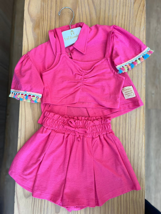 CONJUNTO CAMISA MANGA CURTA BARBICACHOS COM BLUSA ALÇA E SHORT MENINA FAKINI