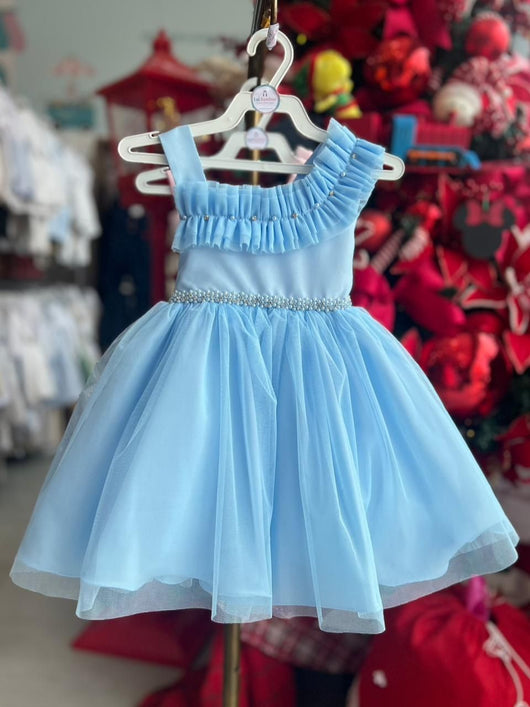 VESTIDO ALÇA REGATA BABADO TULE STRASS LAÇO COSTA MENINA LIBELINHA