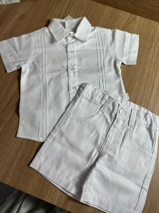 CONJUNTO MANGA CURTA BATIZADO CAMISA BERMUDA OXFORD MENINO 100% ALGODÃO MENINO ANJOS BABY