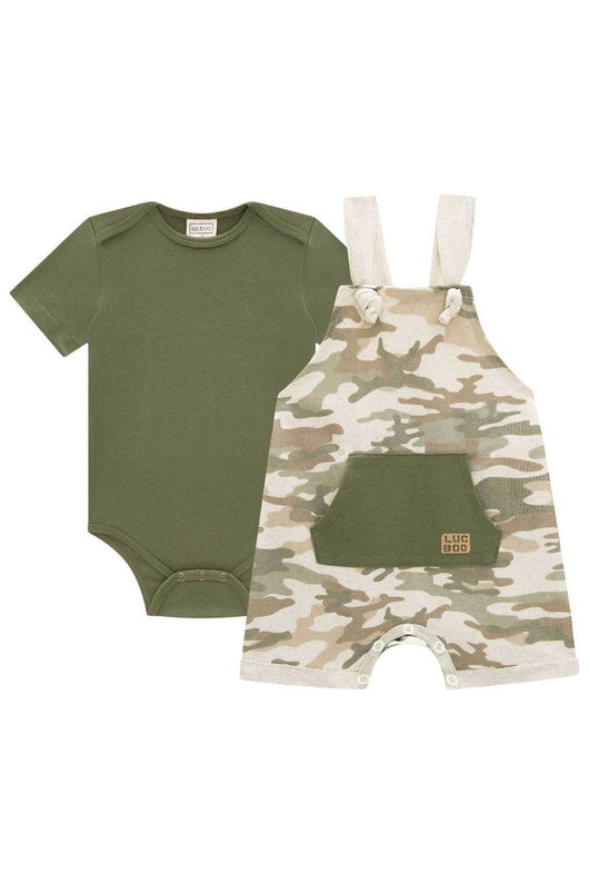 CONJUNTO BODY MANGA CURTA COM JARDINEIRA ALÇA CAMUFLADA BOLSO MENINO LUC BOO