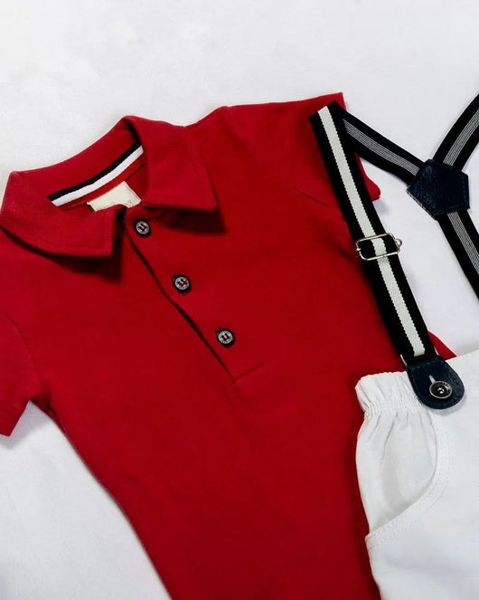 CONJUNTO BODY MANGA CURTA BERMUDA E SUSPENSORIO LISTRAS MENINO ANJOS BABY PRO45
