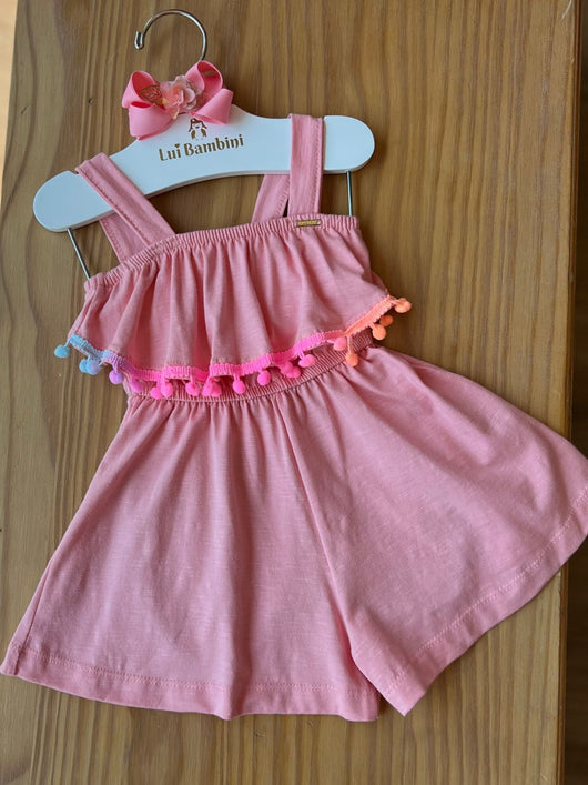 MACACÃO DE ALÇAS POMPOM E BABADOS MENINA FAKINI