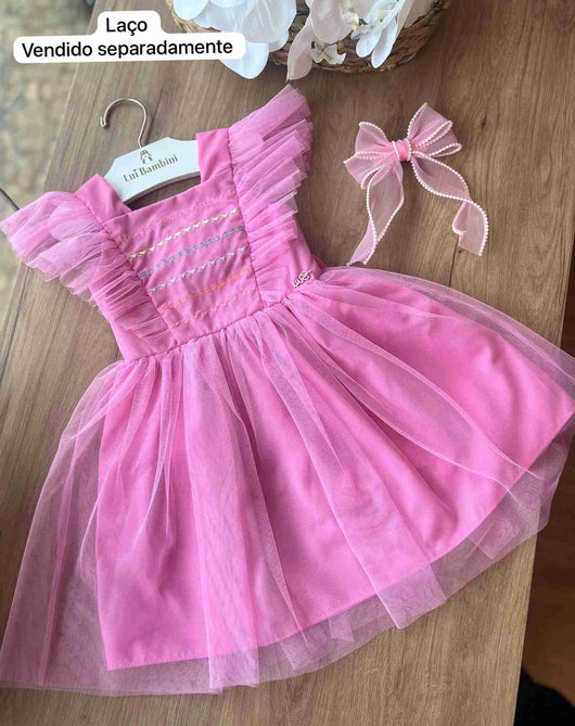 VESTIDO ALÇA COM BABADO NO TULE E AMARRAÇÃO COSTA BORDADO CORAÇÕES MENINA MON SUCRÉ