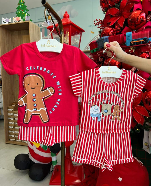 CONJUNTO PIJAMA CAMISETA MANGA CURTA CELEBRATE NATAL BISCOITO E SHORT MENINO LISTRADO MENINO ELIAN