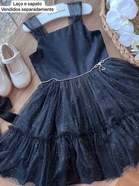 VESTIDO ALÇA TULE GLITTER E CINTO STRASS MENINA PETIT CHERIE