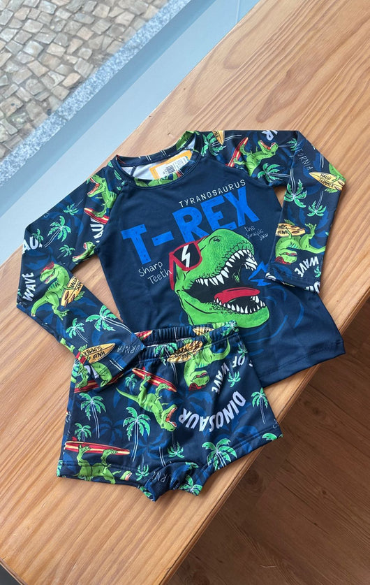 CONJUNTO CAMISETA MANGA LONGA E SUNGA BOXER T-REX SURF UV50+ MENINO FAKINI