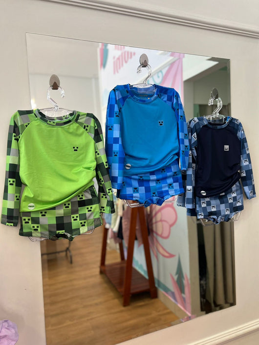 CONJUNTO CAMISETA MANGA LONGA E SUNGA BOXER MINERCRAFT UV50+ MENINO FAKINI