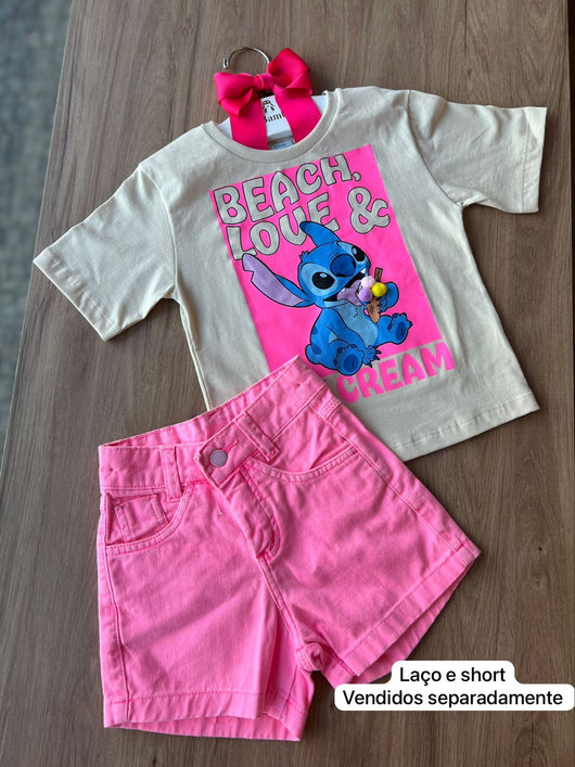 BLUSA MANGA CURTA STITCH SORVETE COM POMPOM MENINA FAKINI