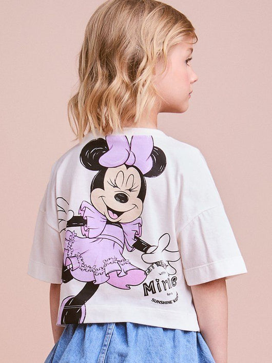 CONJUNTO BLUSA MANGA CURTA LAÇO TULE ESCRITA MINNIE E SAIA JEANS MENINA ANIMÊ
