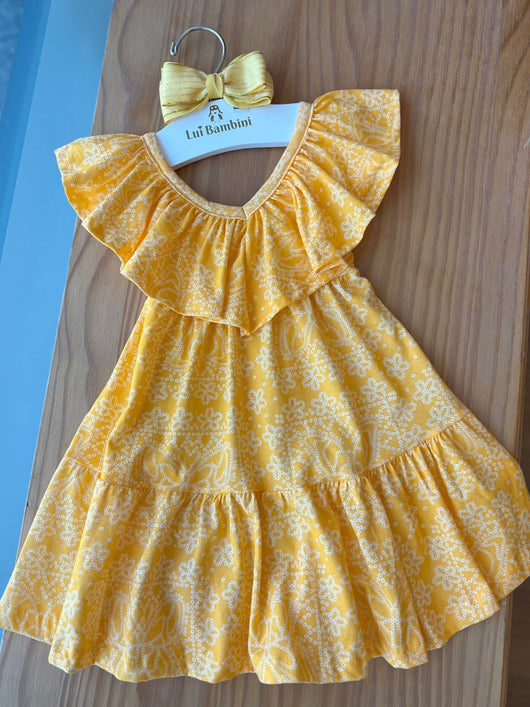 VESTIDO MANGA CURTA GOLA SOBREPOSTA FLORAL COM BABADOS MENINA FAKINI