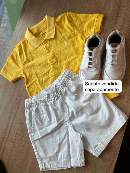 CONJUNTO POLO MANGA CURTA MEIA MALHA BERMUDA SARJA MENINO ONDA MARINHA