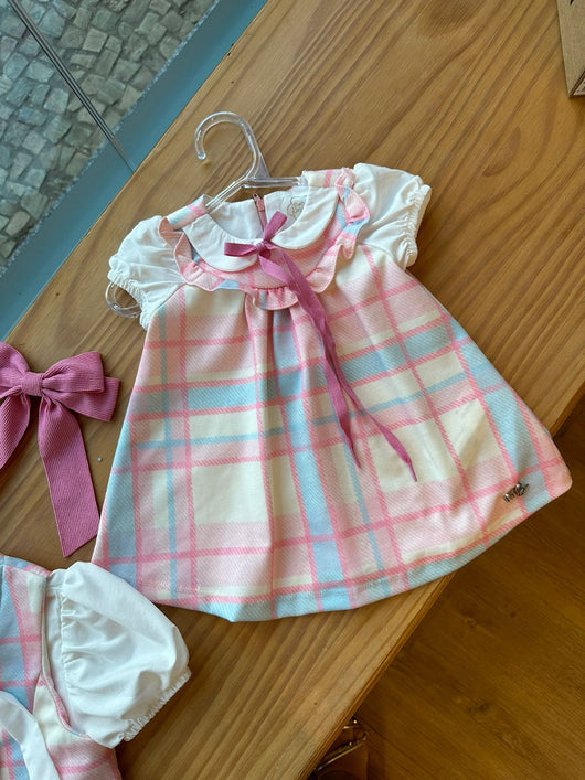 VESTIDO MANGA CURTA XADREZ COM BABADO ZÍPER E LAÇO CADARÇO MENINA MON SUCRE